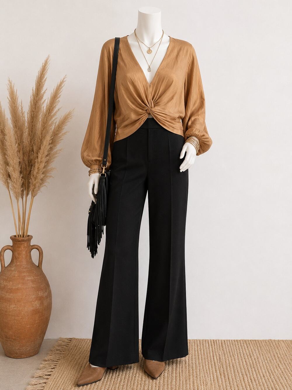 HYFVE Gold Satin Twist Front Blouse Side Zip Luxe Cocktail Evening Medium